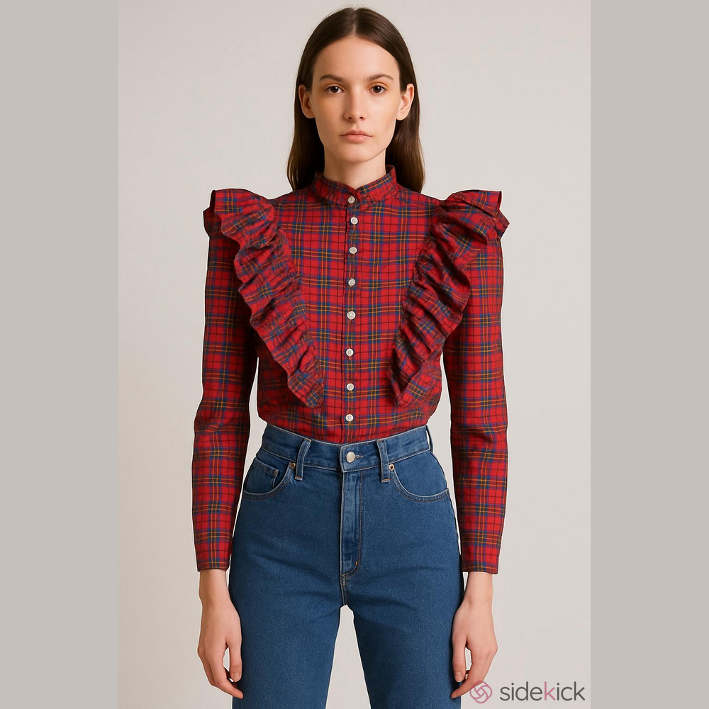 Vintage 80s Nordstrom Point Of View Red Plaid Ruffle Button-Up Blouse Size XS